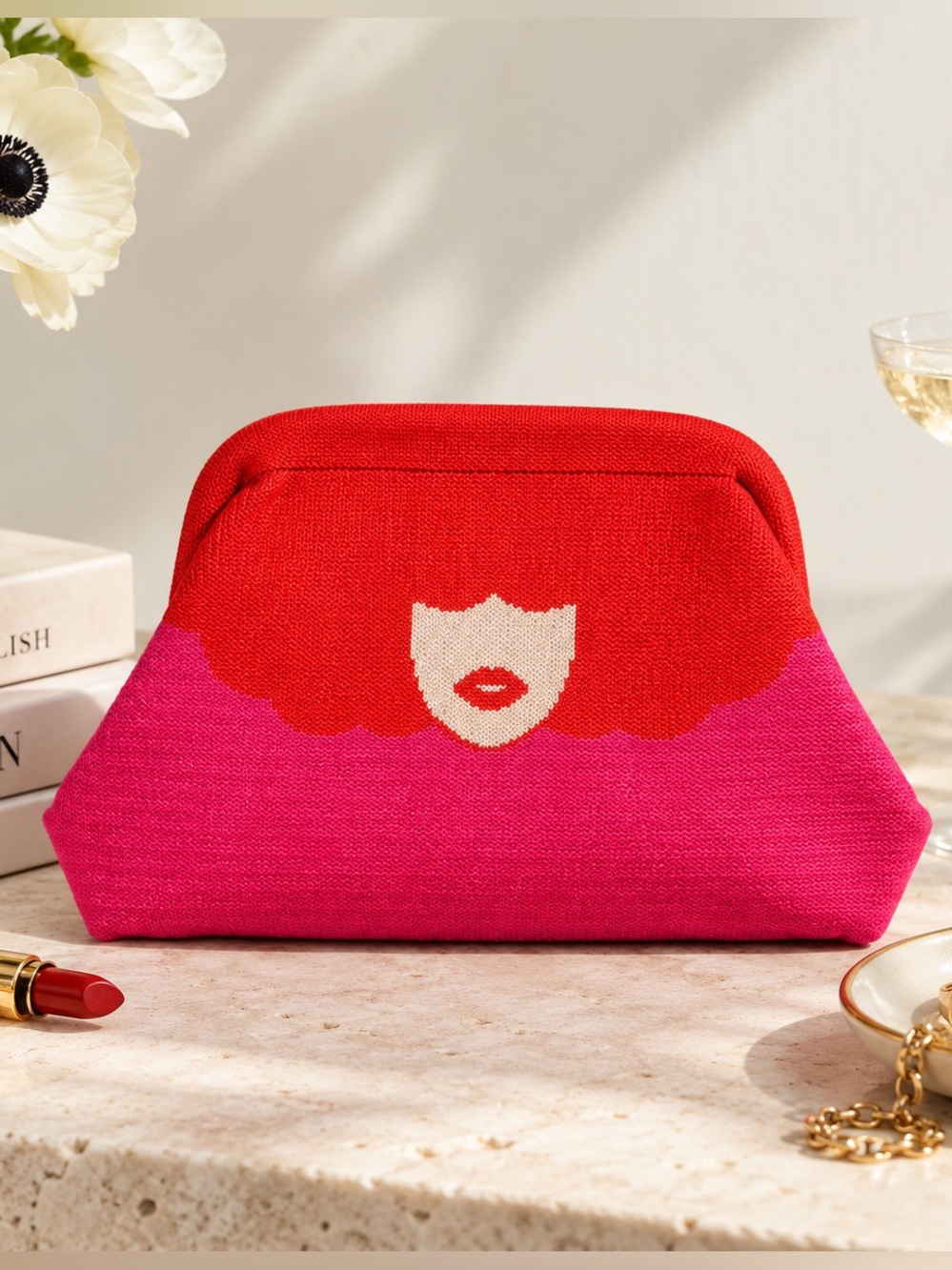 Pop Art Knit Clutch in Scarlet & Fuchsia | Graphic Face Evening Bag